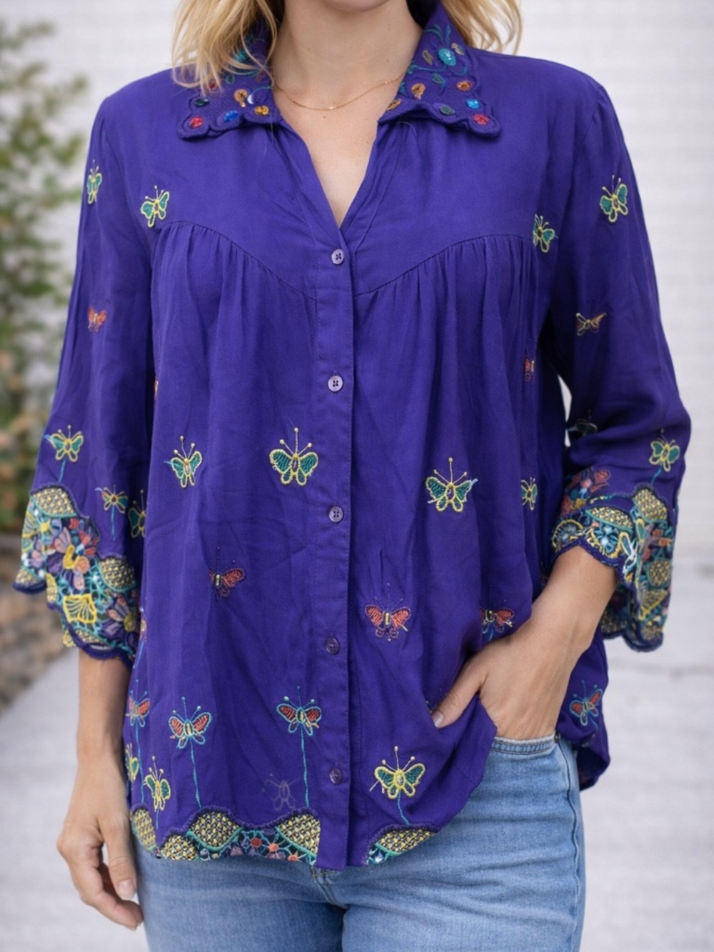 Moda Purple Buttoned Blouse with Notched Collar and 3/4 Sleeves